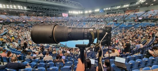 A Nikon Z9 with a 400mm F2.8E lens attached at Rod Laver Arena in Melbourne during the Australian Open